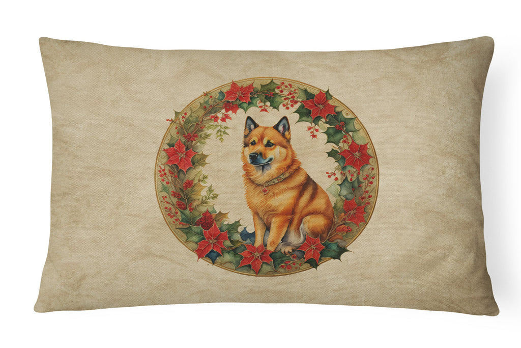 Finnish Spitz Christmas Flowers Decorative Throw Pillow 12x16 Indoor Outdoor Accent Cushion, Fabric Cover with Insert for Sofa, Bed, Porch & Living Room