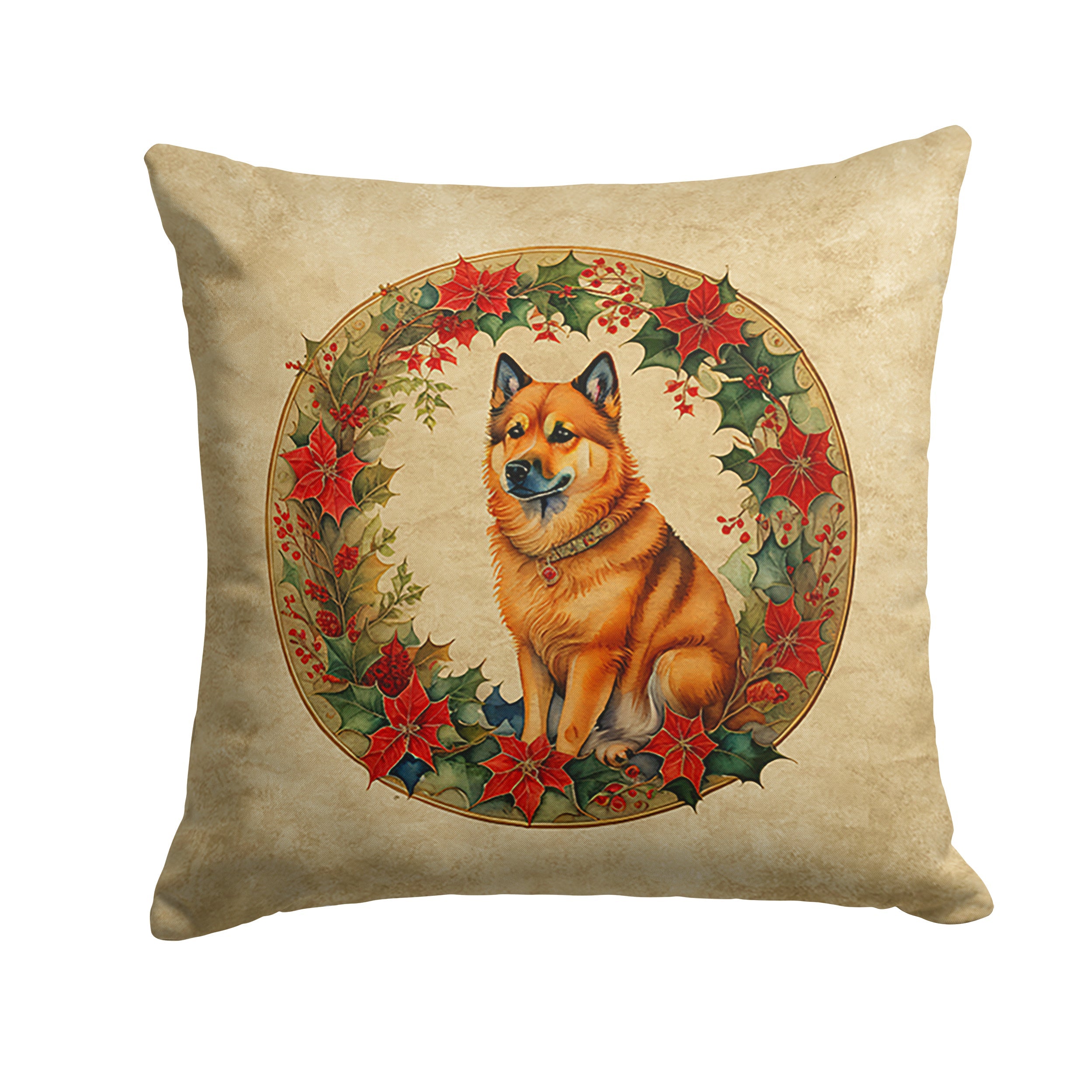 Finnish Spitz Christmas Flowers Decorative Throw Pillow 14x14 Indoor Outdoor Accent Cushion, Fabric Cover with Insert for Sofa, Bed, Porch & Living Room