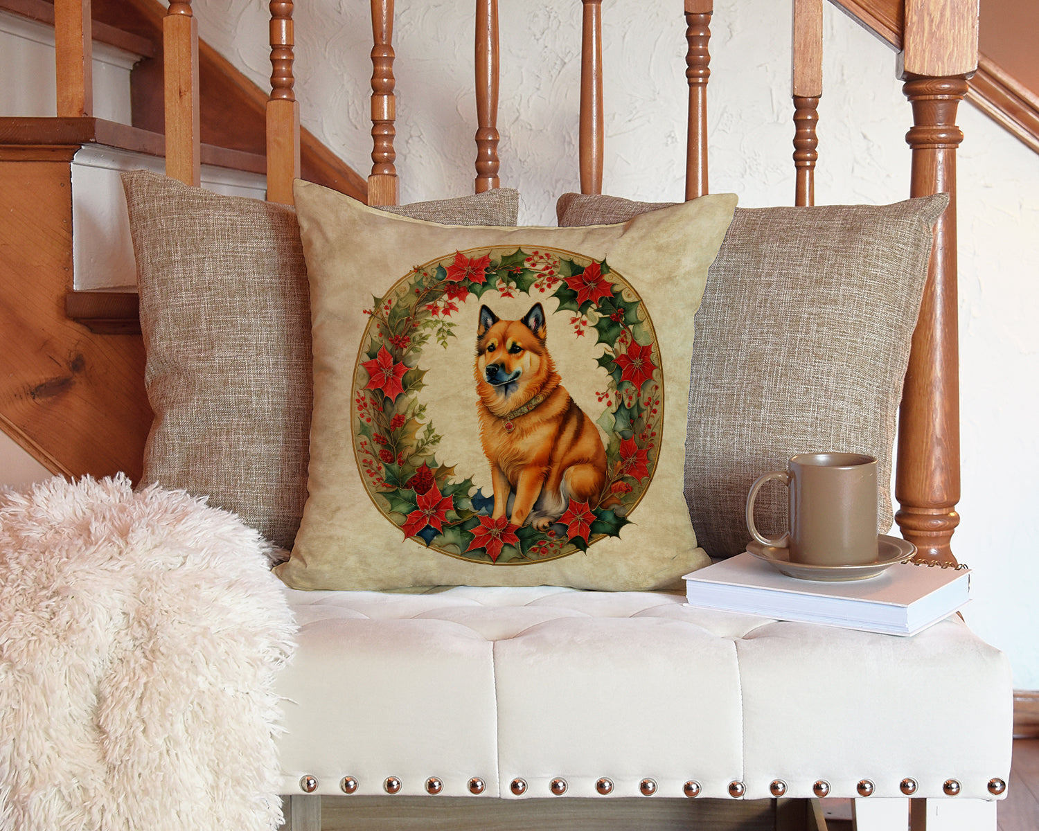 Finnish Spitz Christmas Flowers Decorative Throw Pillow 14x14 Indoor Outdoor Accent Cushion, Fabric Cover with Insert for Sofa, Bed, Porch & Living Room