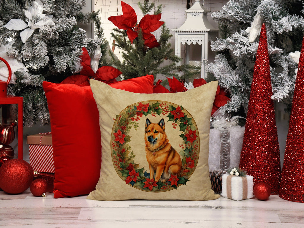 Finnish Spitz Christmas Flowers Decorative Throw Pillow 18x18 Indoor Outdoor Accent Cushion, Fabric Cover with Insert for Sofa, Bed, Porch & Living Room