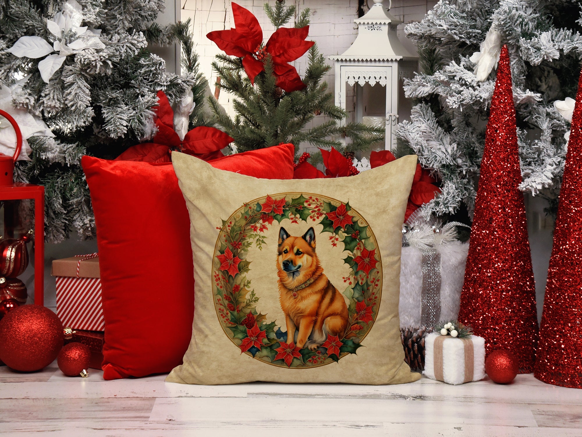 Finnish Spitz Christmas Flowers Decorative Throw Pillow 18x18 Indoor Outdoor Accent Cushion, Fabric Cover with Insert for Sofa, Bed, Porch & Living Room
