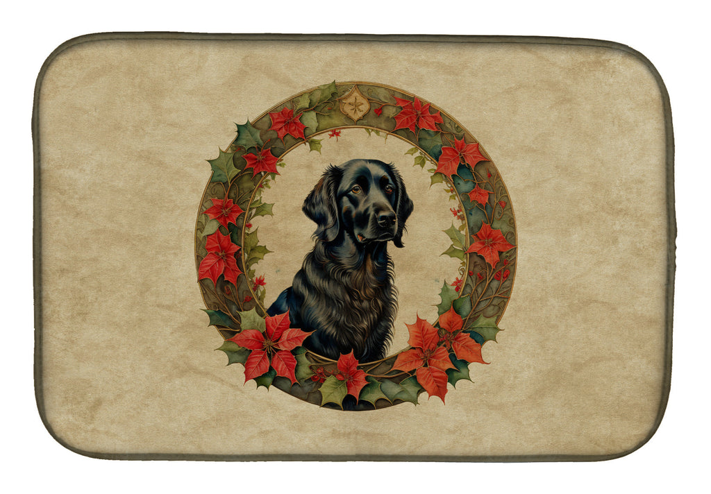Flat-Coated Retriever Christmas Flowers Dish Drying Mat Absorbent Dish Drying Mat Pad for Kitchen Counter Dish Drainer Mat for Countertop, 14 x 21", Multicolor