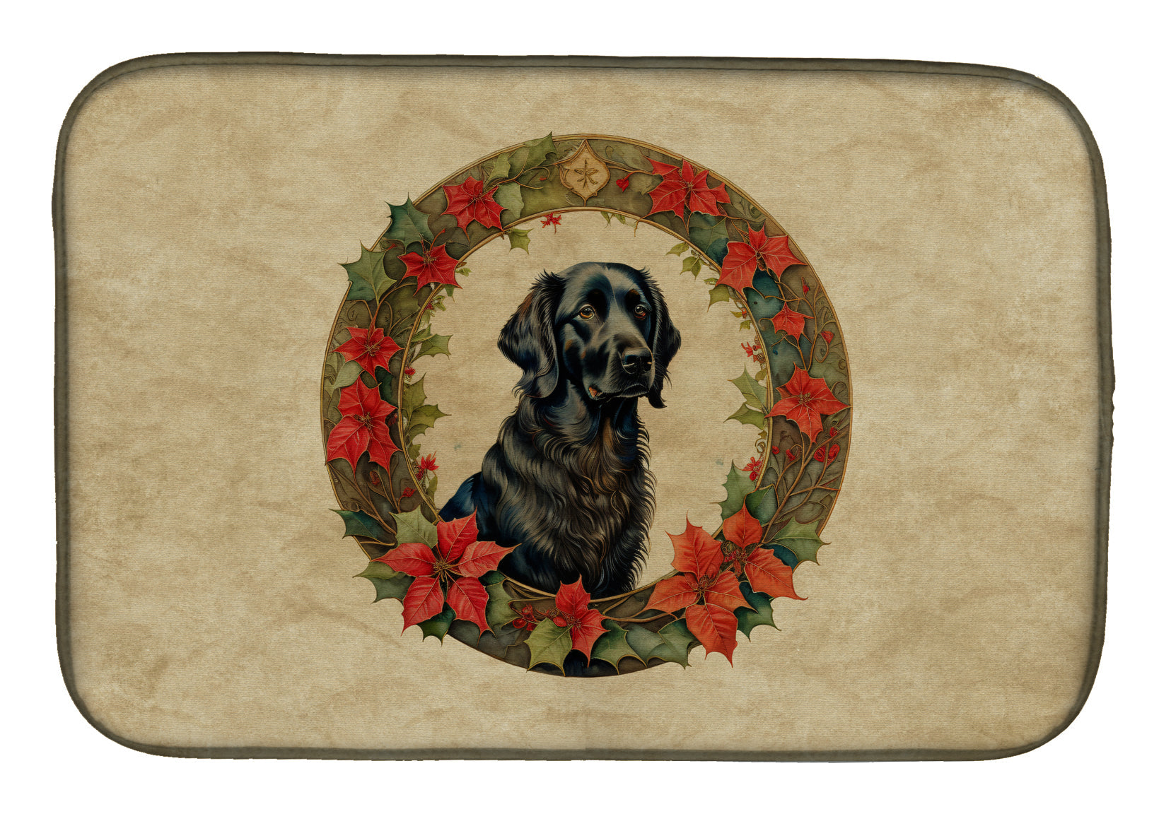 Flat-Coated Retriever Christmas Flowers Dish Drying Mat Absorbent Dish Drying Mat Pad for Kitchen Counter Dish Drainer Mat for Countertop, 14 x 21", Multicolor