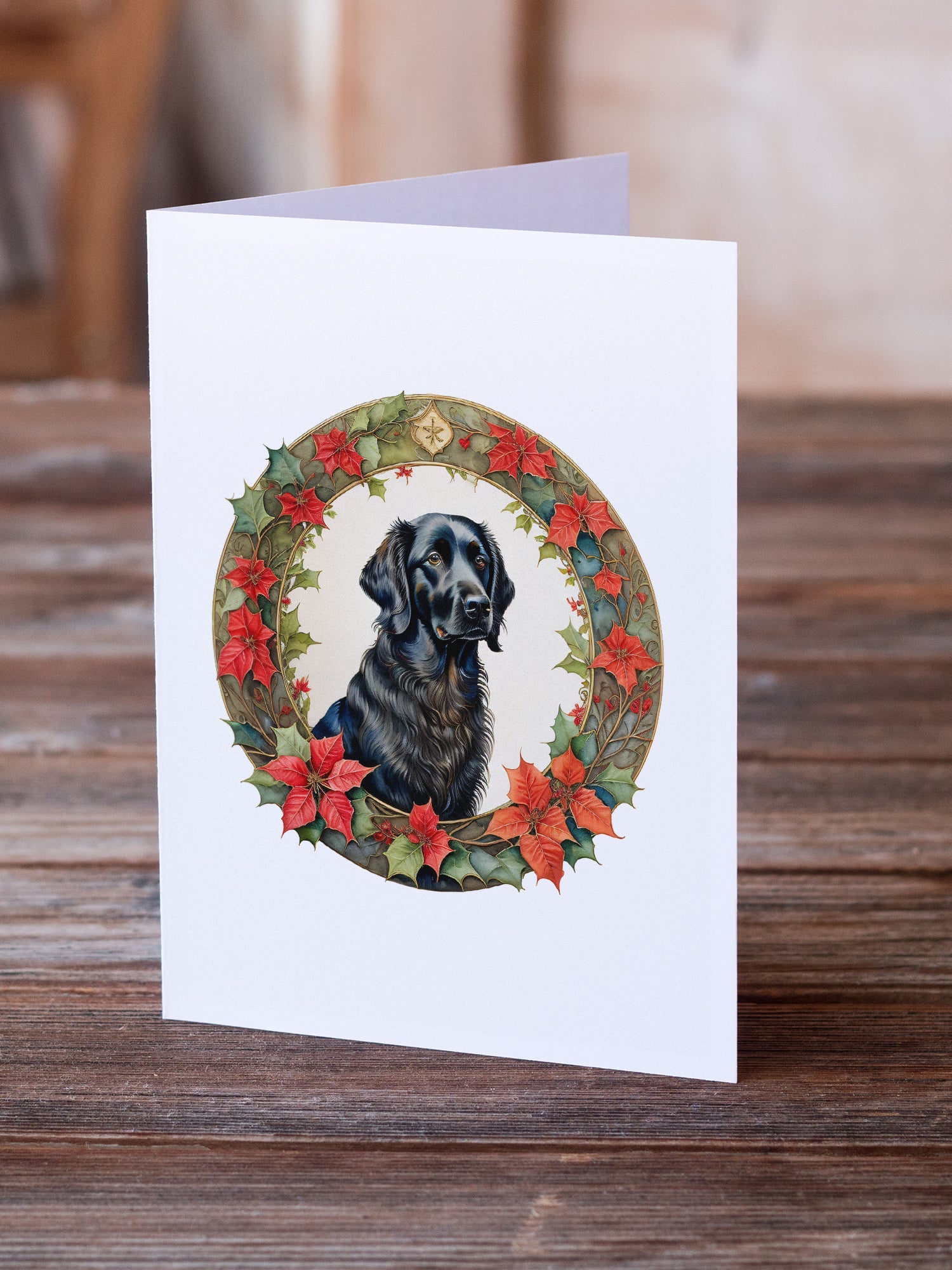 Flat-Coated Retriever Christmas Flowers Greeting Cards Pack of 8 Blank Cards with Envelopes Whimsical A7 Size 5x7