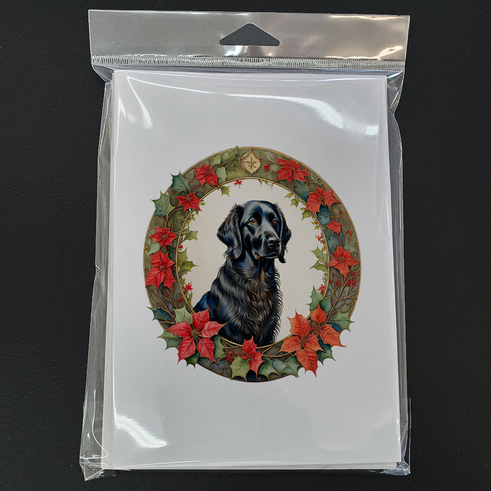 Flat-Coated Retriever Christmas Flowers Greeting Cards Pack of 8 Blank Cards with Envelopes Whimsical A7 Size 5x7