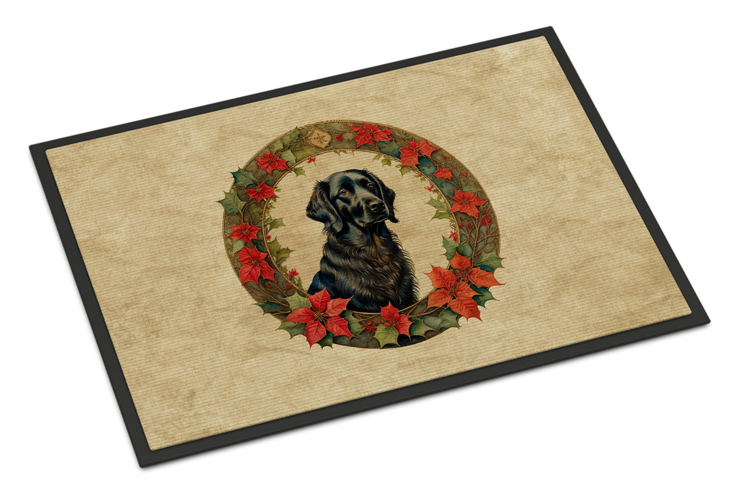 Flat-Coated Retriever Christmas Flowers Doormat Indoor Outdoor 24H X 36W Front Door Mat Rugs for Entryway, Non Slip Washable Low Pile,