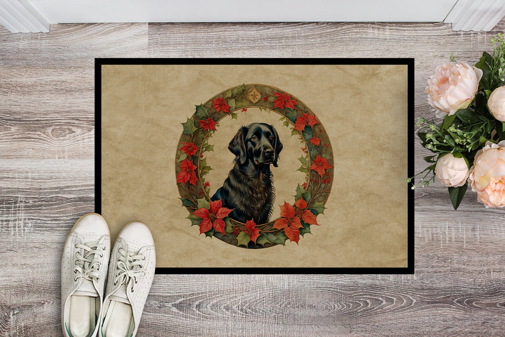 Flat-Coated Retriever Christmas Flowers Doormat Indoor Outdoor 24H X 36W Front Door Mat Rugs for Entryway, Non Slip Washable Low Pile,