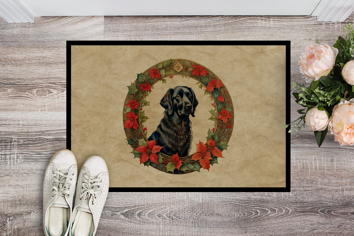 Flat-Coated Retriever Christmas Flowers Doormat Indoor Outdoor 24H X 36W Front Door Mat Rugs for Entryway, Non Slip Washable Low Pile,