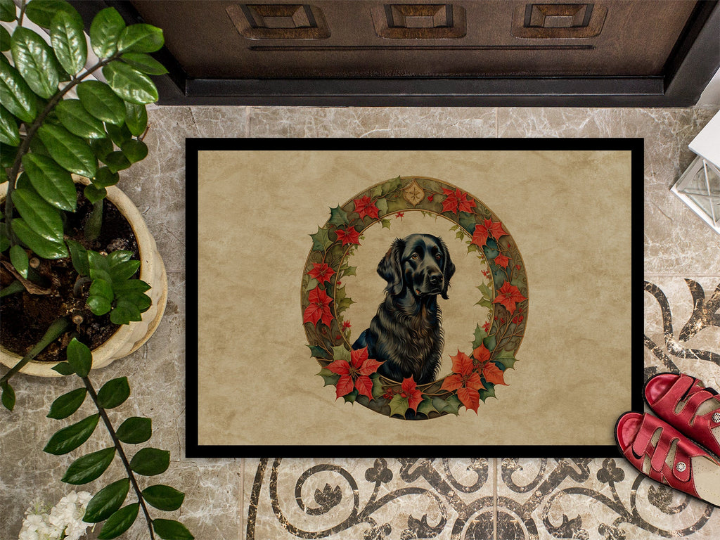 Flat-Coated Retriever Christmas Flowers Doormat Indoor Outdoor 24H X 36W Front Door Mat Rugs for Entryway, Non Slip Washable Low Pile,