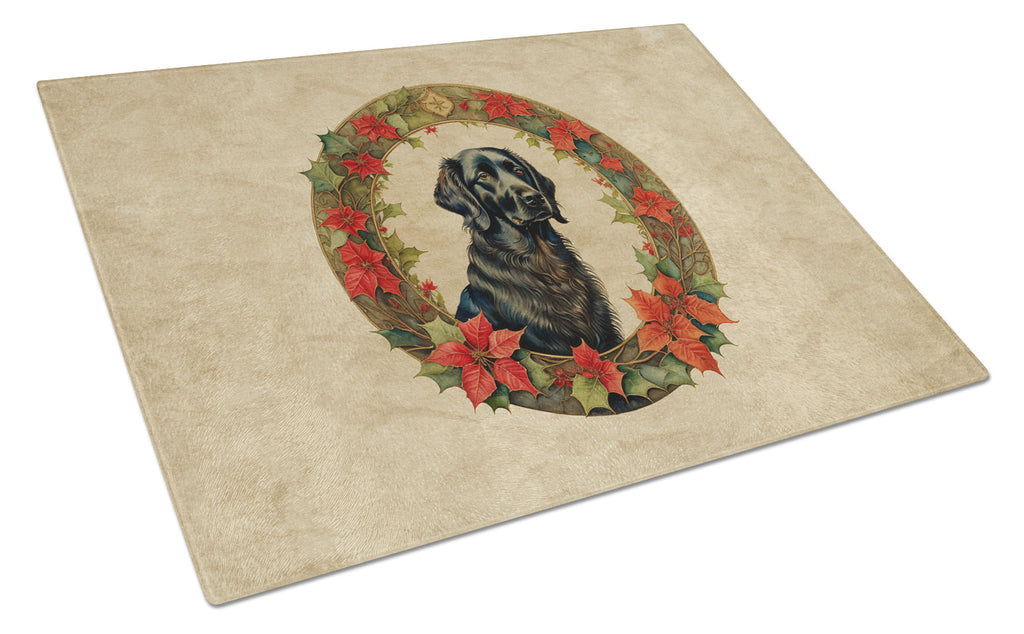 Flat-Coated Retriever Christmas Flowers Cutting Board Tempered Glass Kitchen Cutting Surface, Heat Resistant Chopping, Non-Slip Feet, Food Prep & Serving