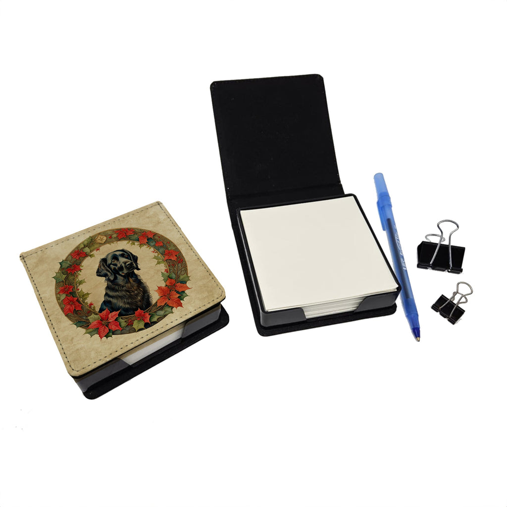Flat-Coated Retriever Christmas Flowers PU Leather Note Paper Holder with Artist-Designed Cover, Desk Accessory, Office Gift