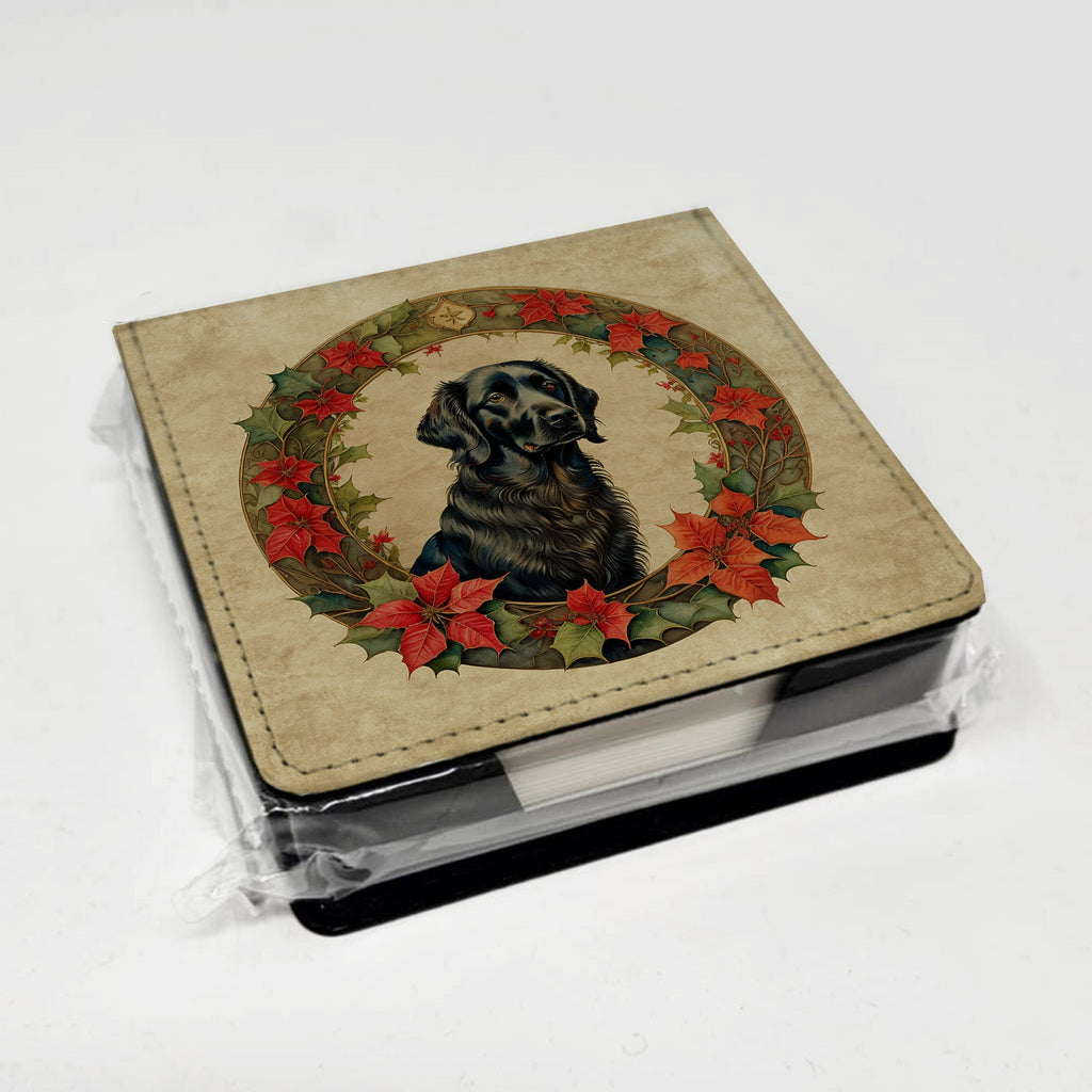 Flat-Coated Retriever Christmas Flowers PU Leather Note Paper Holder with Artist-Designed Cover, Desk Accessory, Office Gift