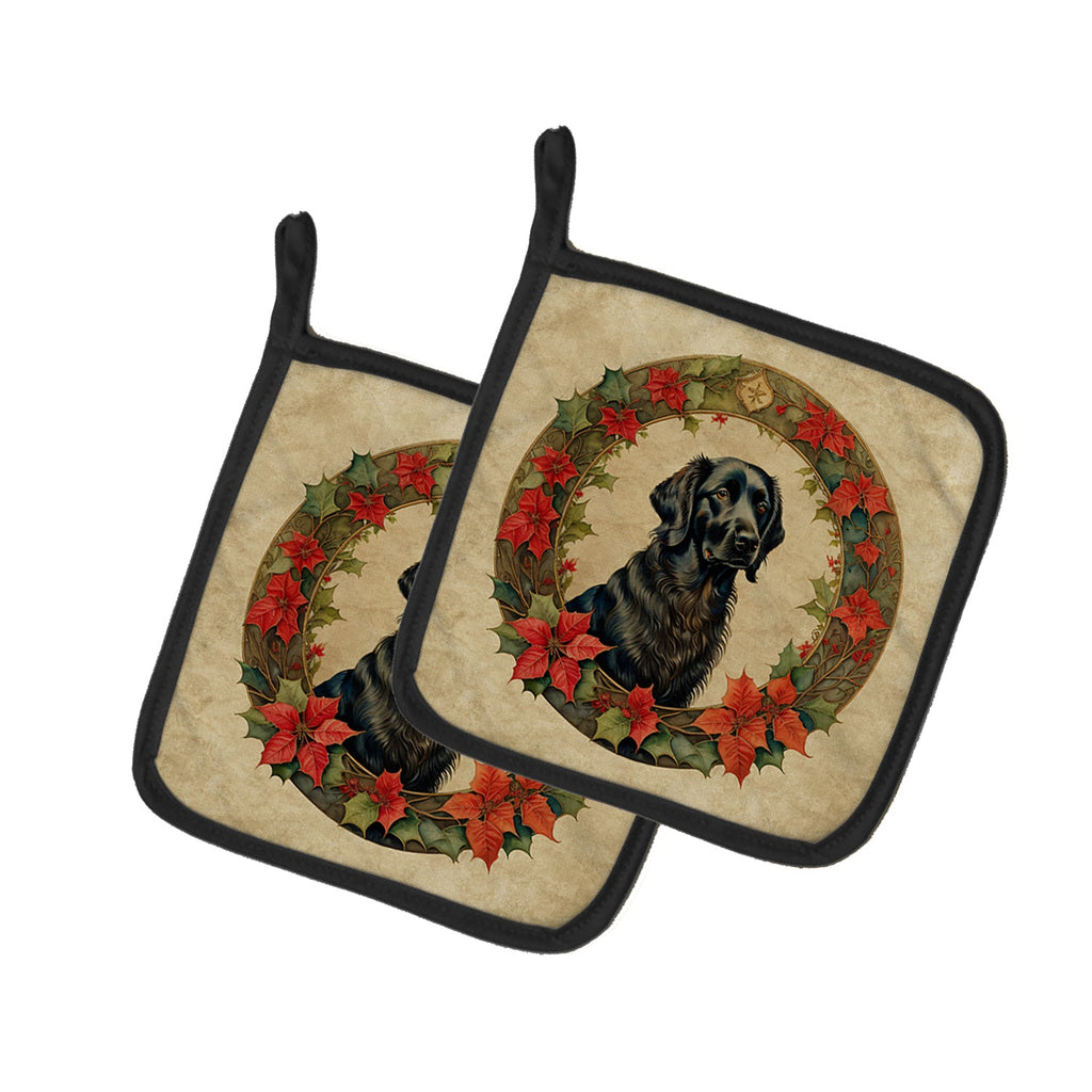 Flat-Coated Retriever Christmas Flowers Pot Holder Set of 2 Heat Resistant Quilted Hot Pads 7.5 x 7.5 Inch, Insulated Kitchen Trivets for Cooking & Baking