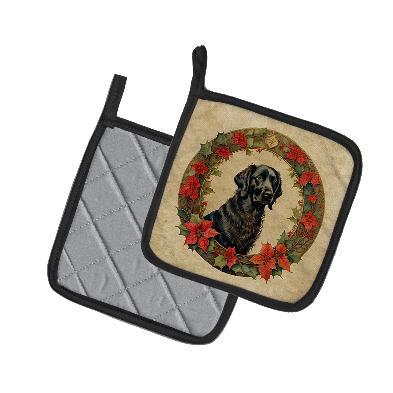 Flat-Coated Retriever Christmas Flowers Pot Holder Set of 2 Heat Resistant Quilted Hot Pads 7.5 x 7.5 Inch, Insulated Kitchen Trivets for Cooking & Baking