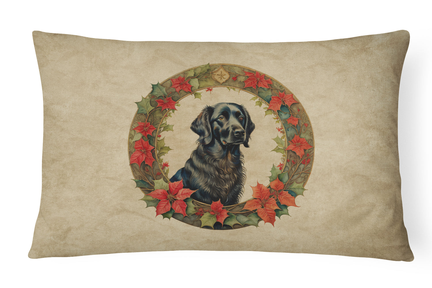 Flat-Coated Retriever Christmas Flowers Decorative Throw Pillow 12x16 Indoor Outdoor Accent Cushion, Fabric Cover with Insert for Sofa, Bed, Porch & Living Room
