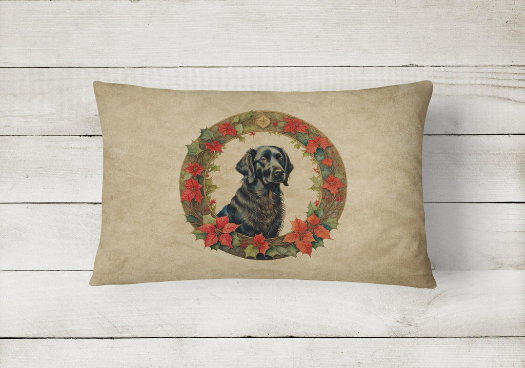 Flat-Coated Retriever Christmas Flowers Decorative Throw Pillow 12x16 Indoor Outdoor Accent Cushion, Fabric Cover with Insert for Sofa, Bed, Porch & Living Room