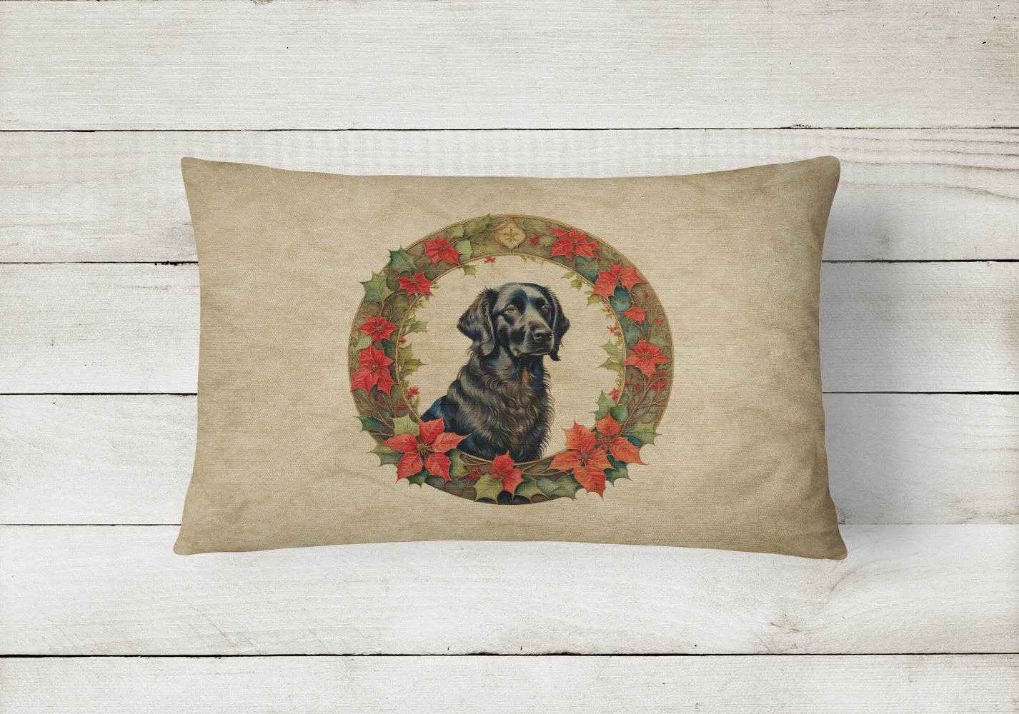 Flat-Coated Retriever Christmas Flowers Decorative Throw Pillow 12x16 Indoor Outdoor Accent Cushion, Fabric Cover with Insert for Sofa, Bed, Porch & Living Room