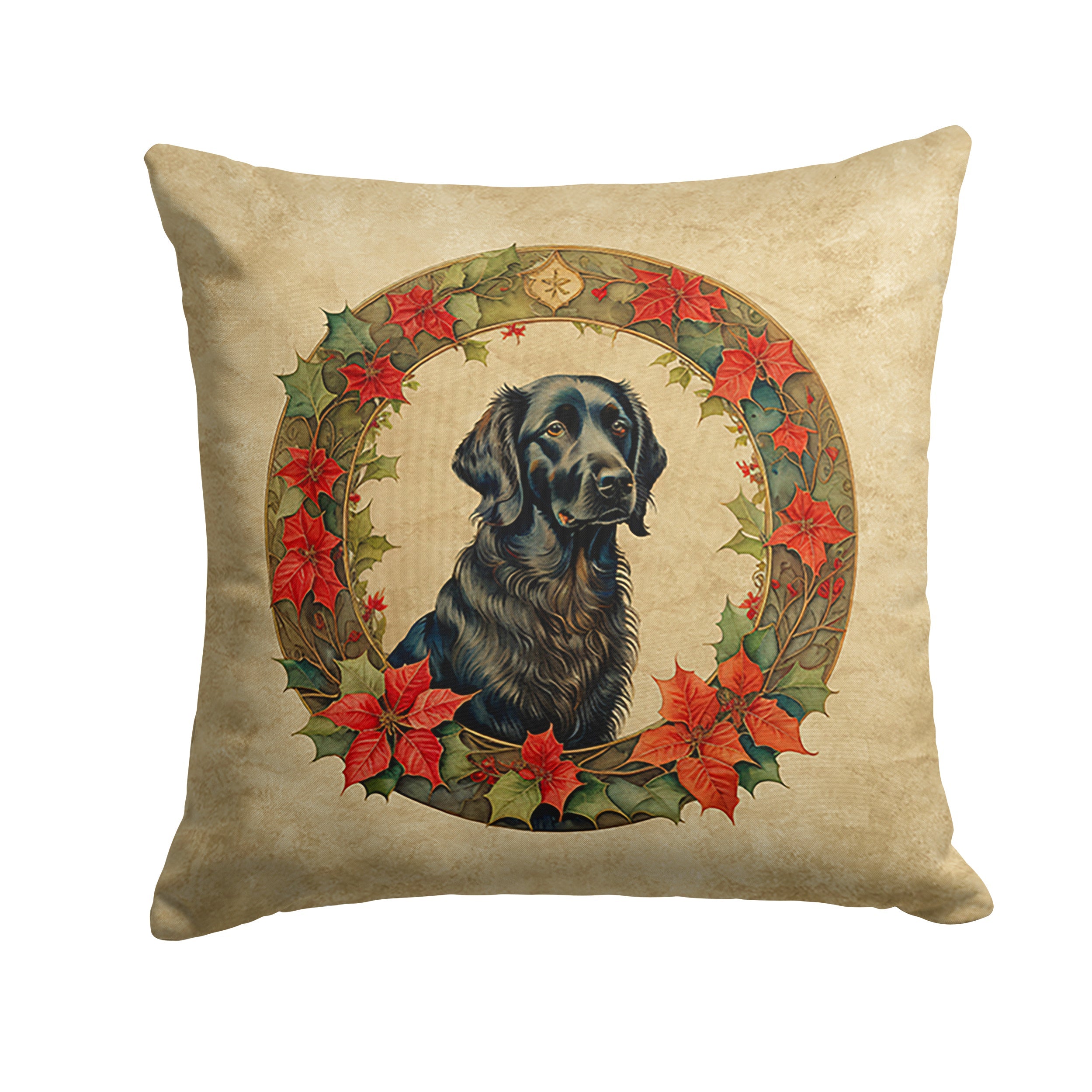 Flat-Coated Retriever Christmas Flowers Decorative Throw Pillow 14x14 Indoor Outdoor Accent Cushion, Fabric Cover with Insert for Sofa, Bed, Porch & Living Room