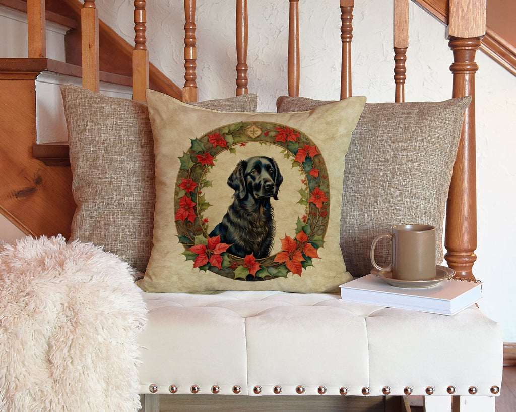 Flat-Coated Retriever Christmas Flowers Decorative Throw Pillow 14x14 Indoor Outdoor Accent Cushion, Fabric Cover with Insert for Sofa, Bed, Porch & Living Room