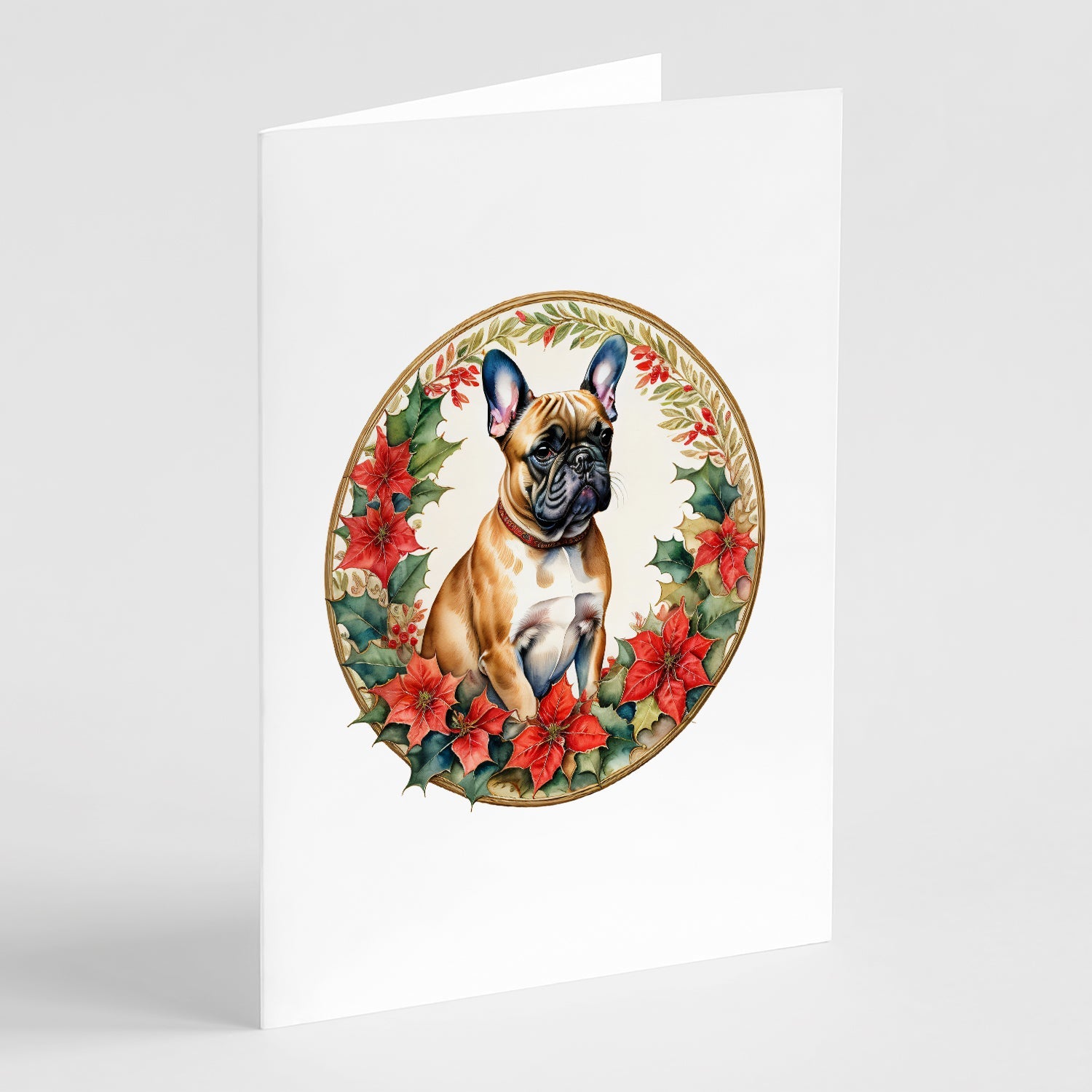 French Bulldog Christmas Flowers Greeting Cards Pack of 8 Blank Cards with Envelopes Whimsical A7 Size 5x7
