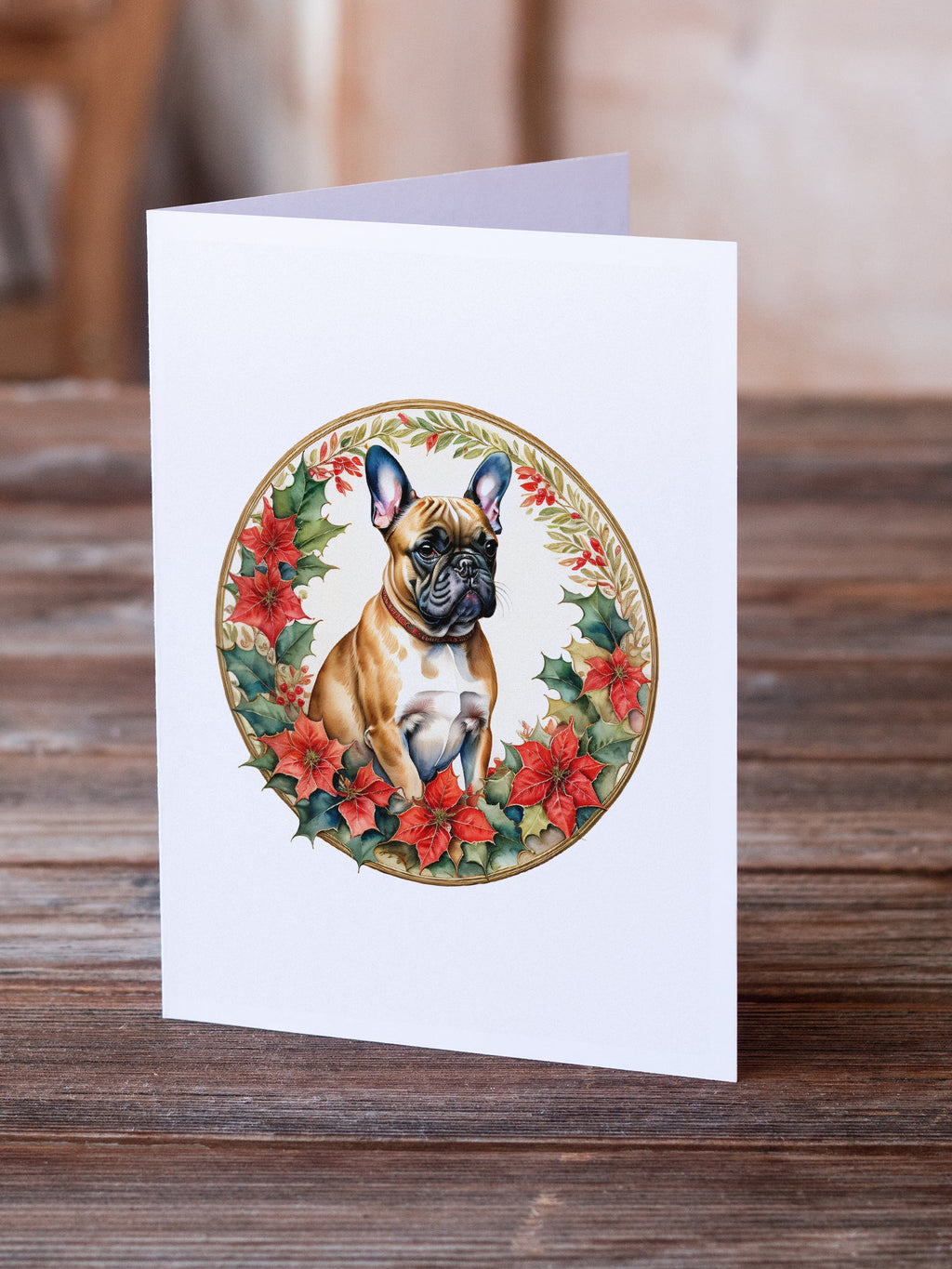 French Bulldog Christmas Flowers Greeting Cards Pack of 8 Blank Cards with Envelopes Whimsical A7 Size 5x7