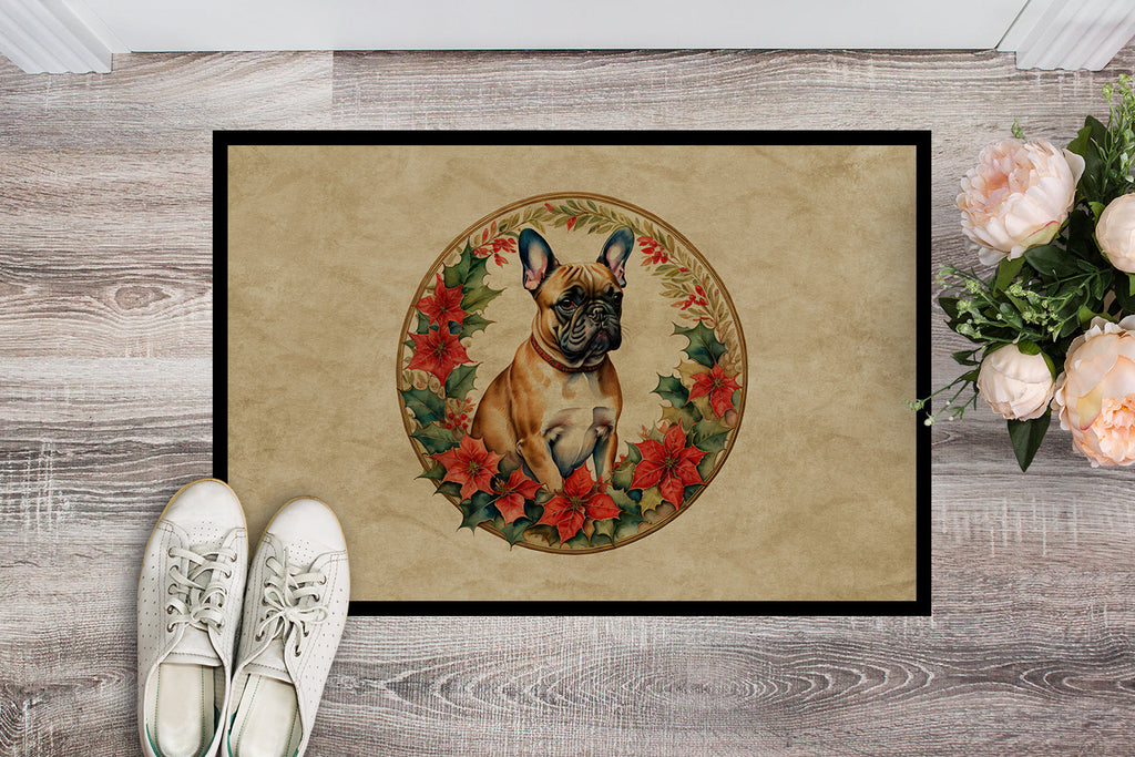 French Bulldog Christmas Flowers Doormat Indoor Outdoor 18H X 27W Front Door Mat Rugs for Entryway, Non Slip Washable