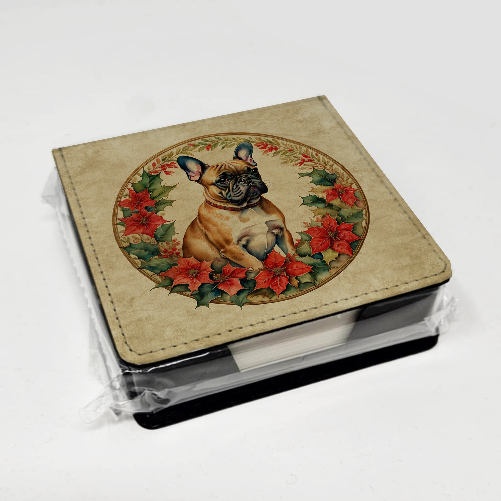 French Bulldog Christmas Flowers PU Leather Note Paper Holder with Artist-Designed Cover, Desk Accessory, Office Gift