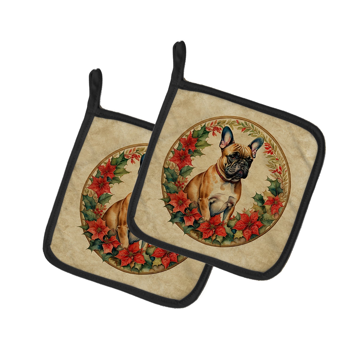 French Bulldog Christmas Flowers Pot Holder Set of 2 Heat Resistant Quilted Hot Pads 7.5 x 7.5 Inch, Insulated Kitchen Trivets for Cooking & Baking