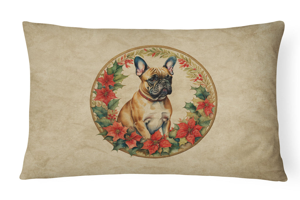 French Bulldog Christmas Flowers Decorative Throw Pillow 12x16 Indoor Outdoor Accent Cushion, Fabric Cover with Insert for Sofa, Bed, Porch & Living Room