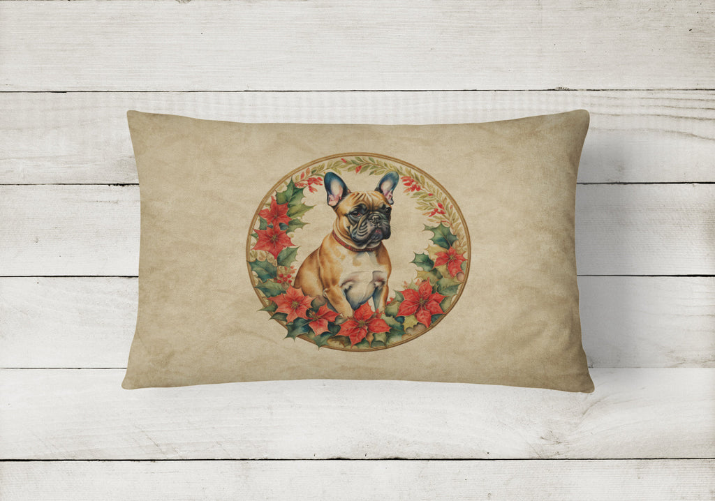 French Bulldog Christmas Flowers Decorative Throw Pillow 12x16 Indoor Outdoor Accent Cushion, Fabric Cover with Insert for Sofa, Bed, Porch & Living Room