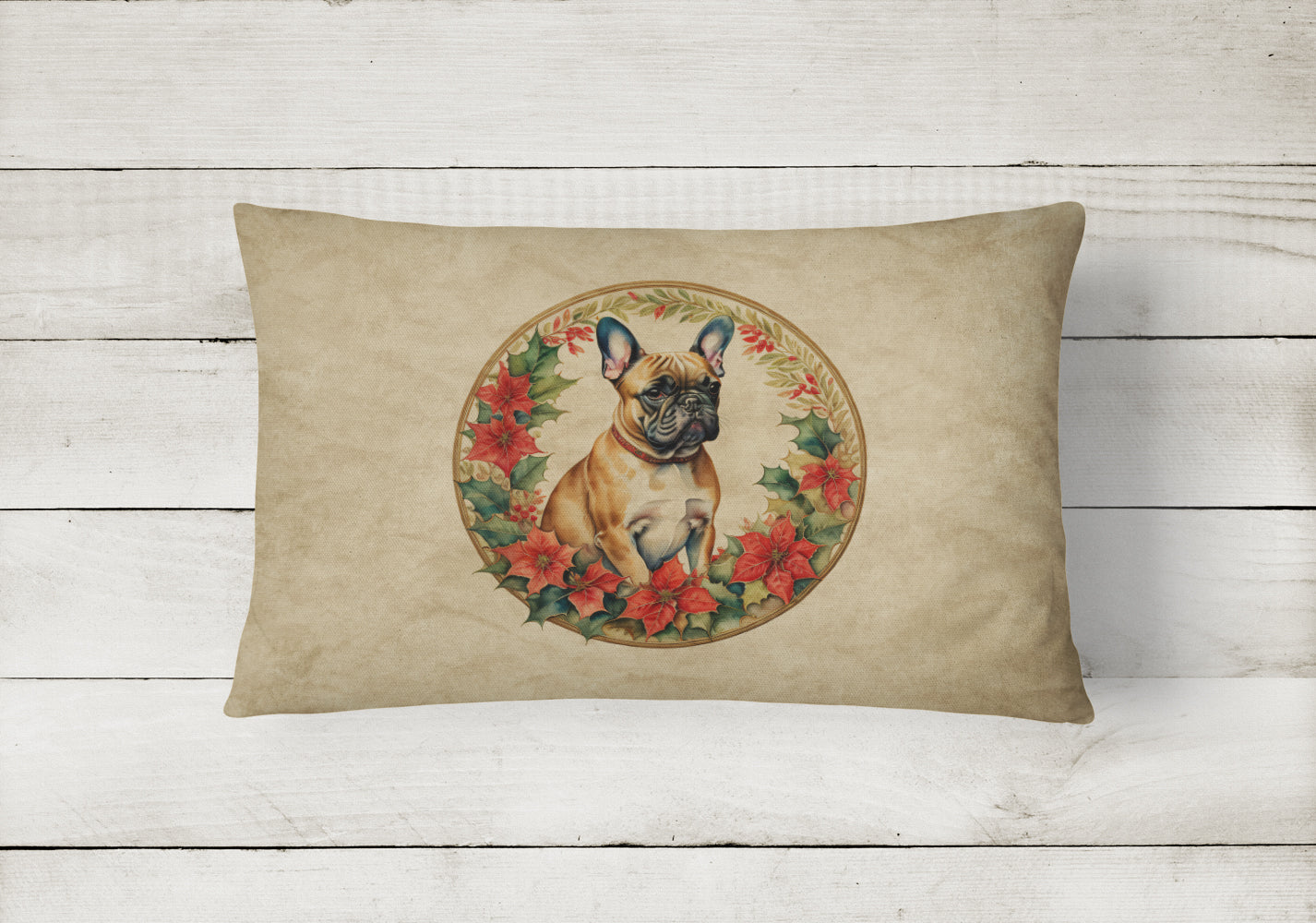 French Bulldog Christmas Flowers Decorative Throw Pillow 12x16 Indoor Outdoor Accent Cushion, Fabric Cover with Insert for Sofa, Bed, Porch & Living Room