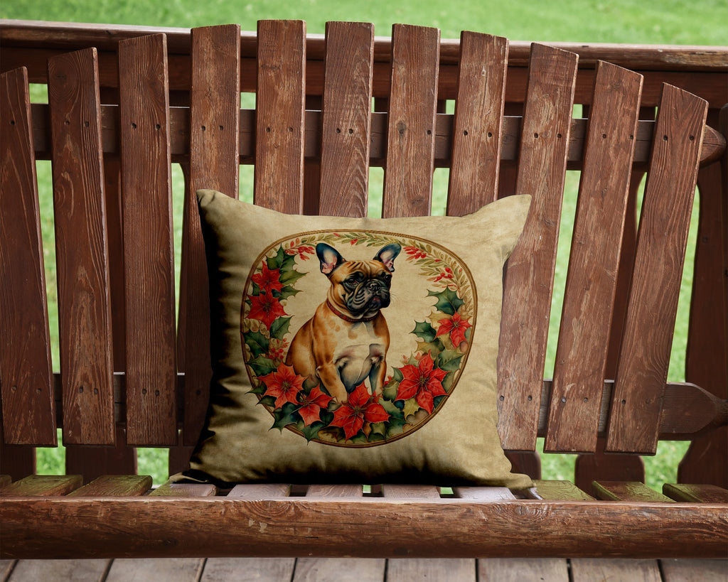 French Bulldog Christmas Flowers Decorative Throw Pillow 14x14 Indoor Outdoor Accent Cushion, Fabric Cover with Insert for Sofa, Bed, Porch & Living Room