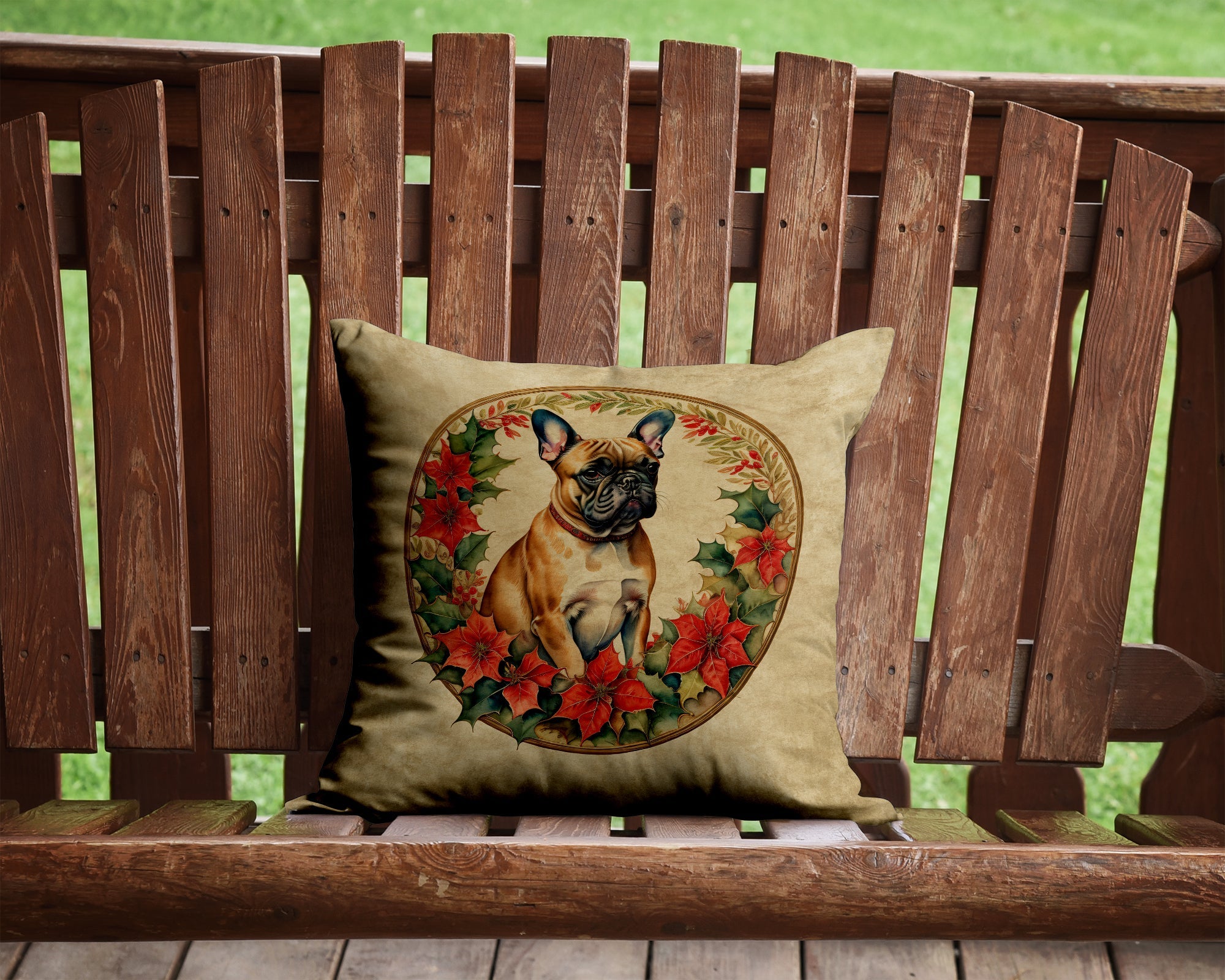 French Bulldog Christmas Flowers Decorative Throw Pillow 14x14 Indoor Outdoor Accent Cushion, Fabric Cover with Insert for Sofa, Bed, Porch & Living Room