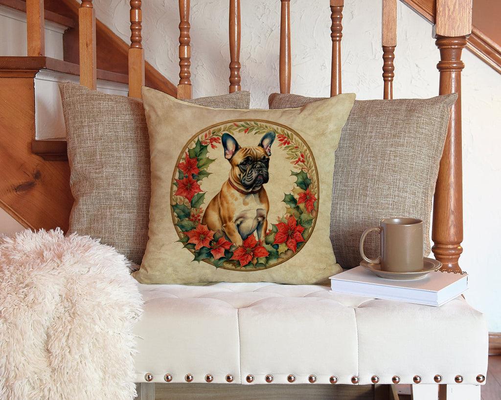 French Bulldog Christmas Flowers Decorative Throw Pillow 14x14 Indoor Outdoor Accent Cushion, Fabric Cover with Insert for Sofa, Bed, Porch & Living Room