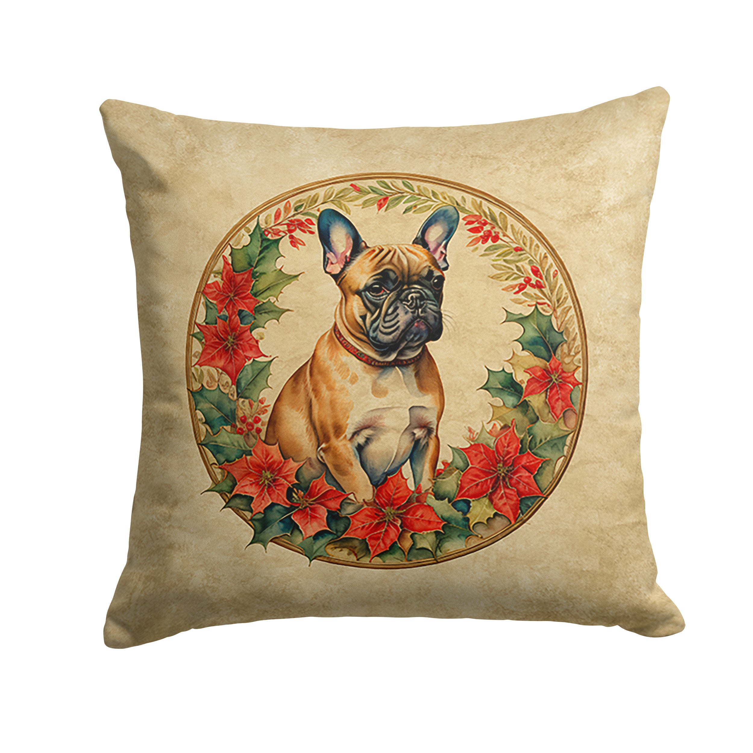 French Bulldog Christmas Flowers Decorative Throw Pillow 18x18 Indoor Outdoor Accent Cushion, Fabric Cover with Insert for Sofa, Bed, Porch & Living Room