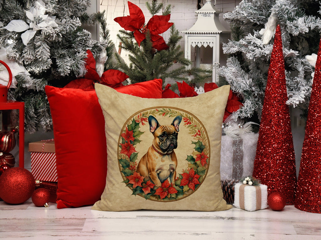 French Bulldog Christmas Flowers Decorative Throw Pillow 18x18 Indoor Outdoor Accent Cushion, Fabric Cover with Insert for Sofa, Bed, Porch & Living Room