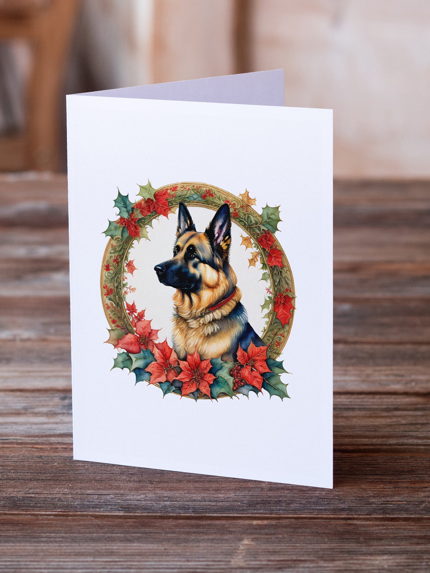 German Shepherd Christmas Flowers Greeting Cards Pack of 8 Blank Cards with Envelopes Whimsical A7 Size 5x7