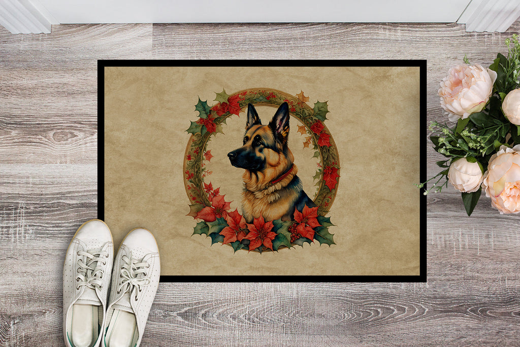 German Shepherd Christmas Flowers Doormat Indoor Outdoor 24H X 36W Front Door Mat Rugs for Entryway, Non Slip Washable Low Pile,