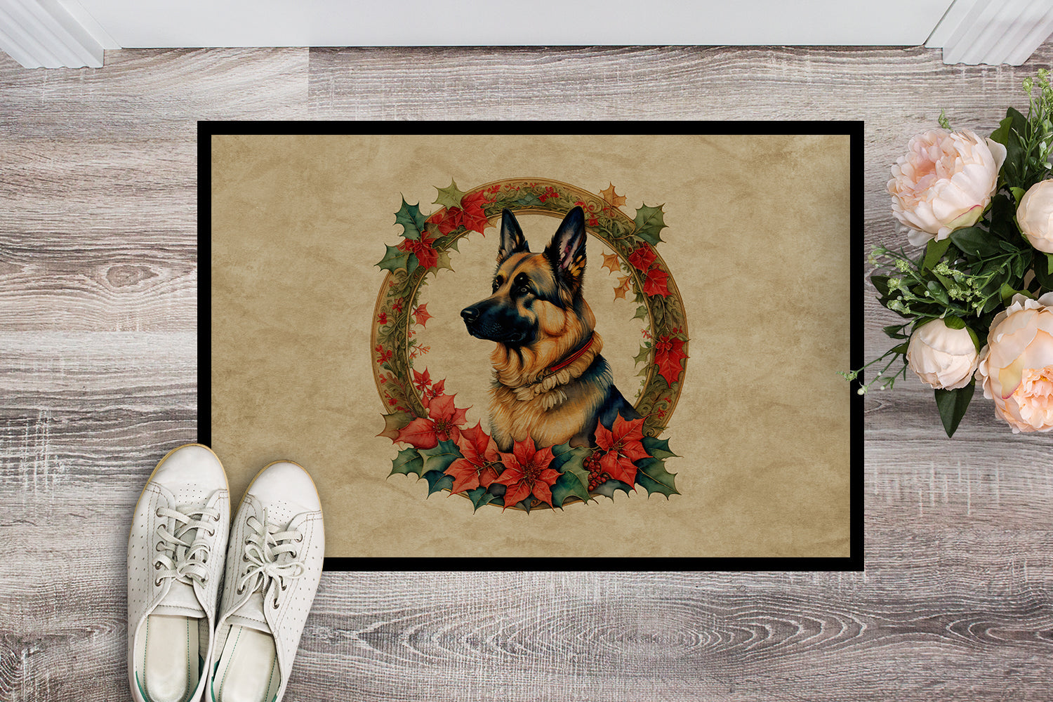 German Shepherd Christmas Flowers Doormat Indoor Outdoor 24H X 36W Front Door Mat Rugs for Entryway, Non Slip Washable Low Pile,