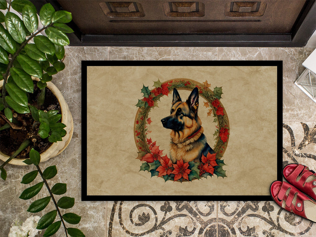 German Shepherd Christmas Flowers Doormat Indoor Outdoor 24H X 36W Front Door Mat Rugs for Entryway, Non Slip Washable Low Pile,