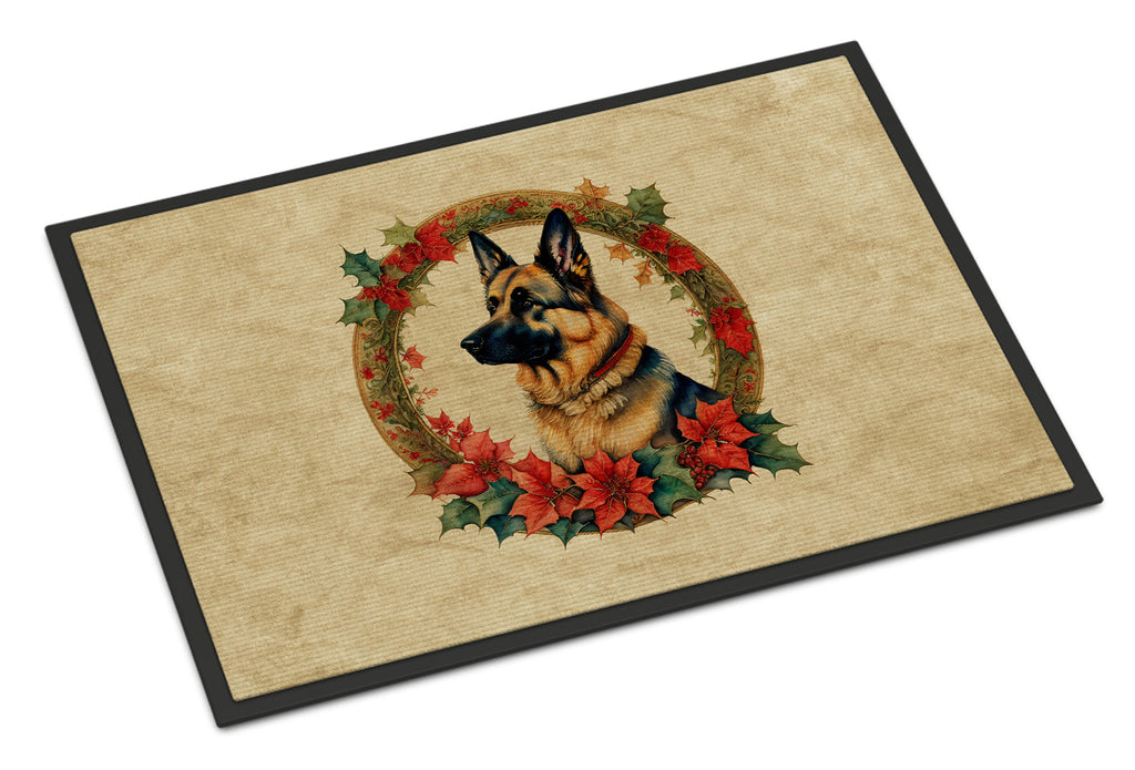 German Shepherd Christmas Flowers Doormat Indoor Outdoor 18H X 27W Front Door Mat Rugs for Entryway, Non Slip Washable