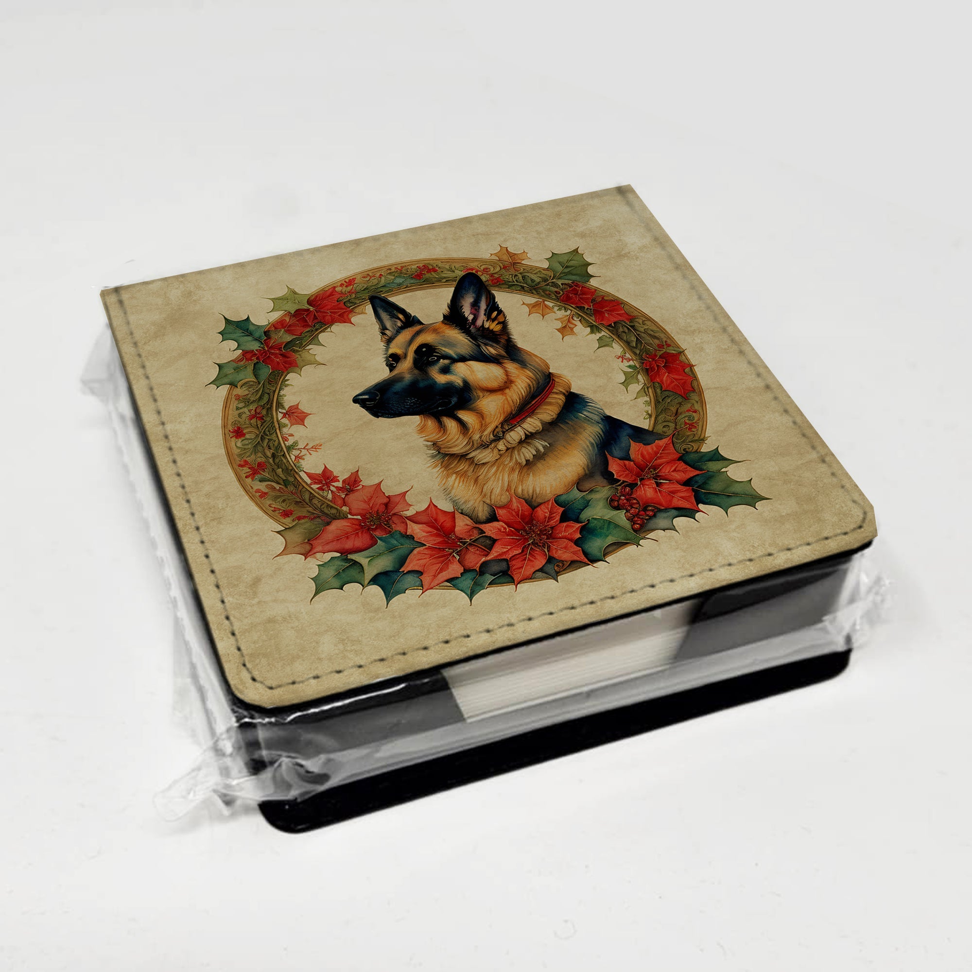 German Shepherd Christmas Flowers PU Leather Note Paper Holder with Artist-Designed Cover, Desk Accessory, Office Gift