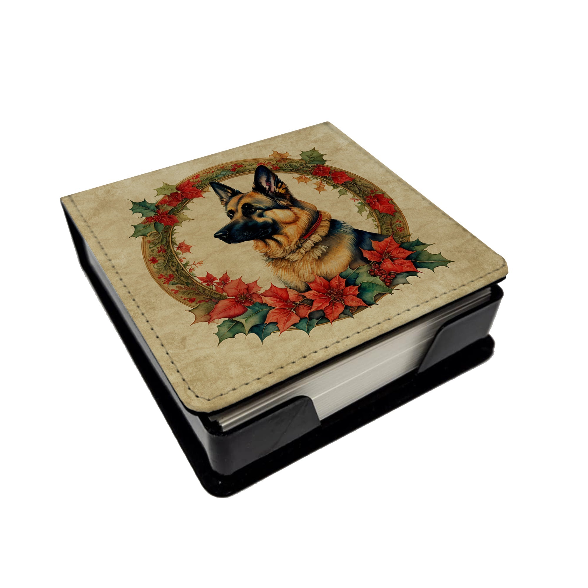 German Shepherd Christmas Flowers PU Leather Note Paper Holder with Artist-Designed Cover, Desk Accessory, Office Gift