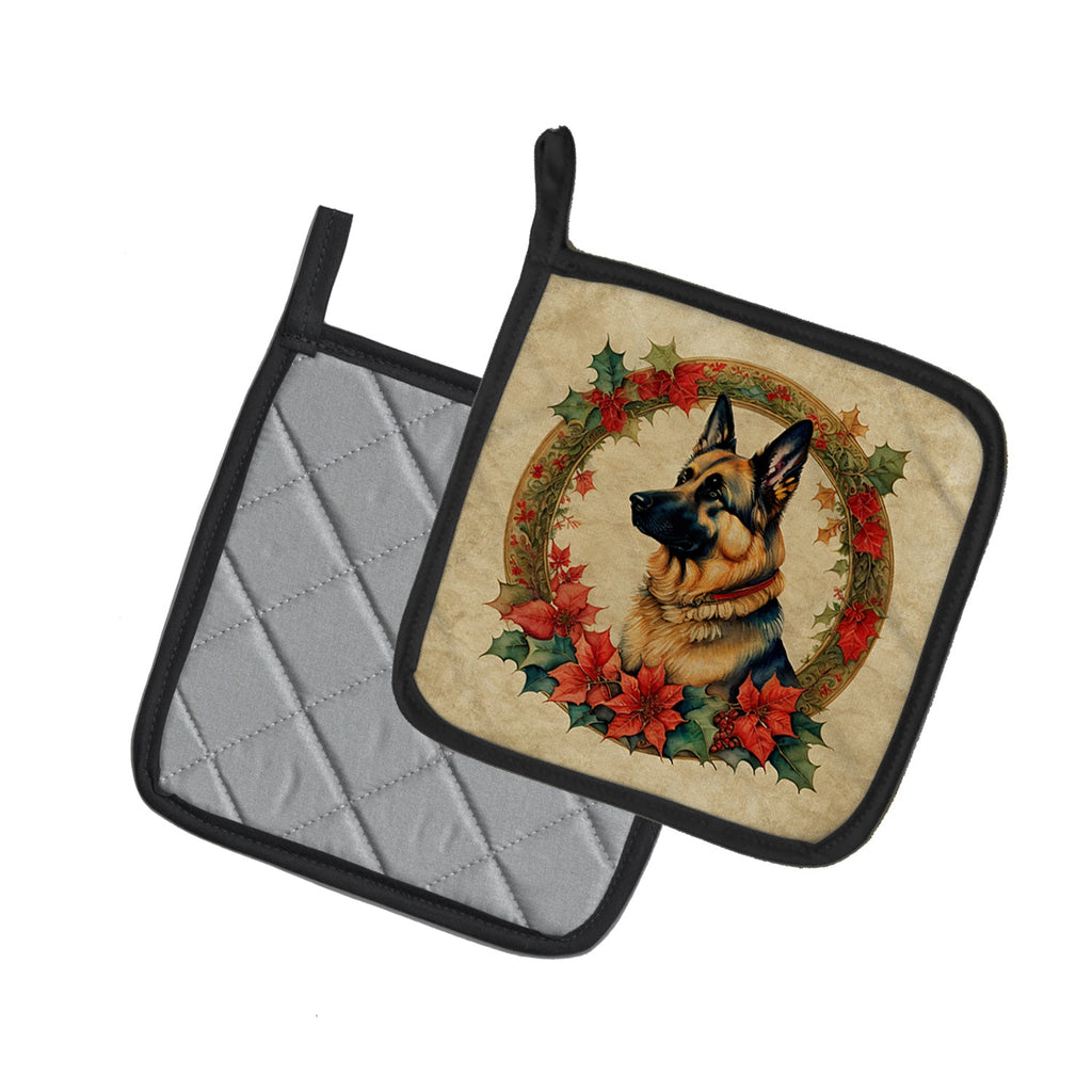 German Shepherd Christmas Flowers Pot Holder Set of 2 Heat Resistant Quilted Hot Pads 7.5 x 7.5 Inch, Insulated Kitchen Trivets for Cooking & Baking