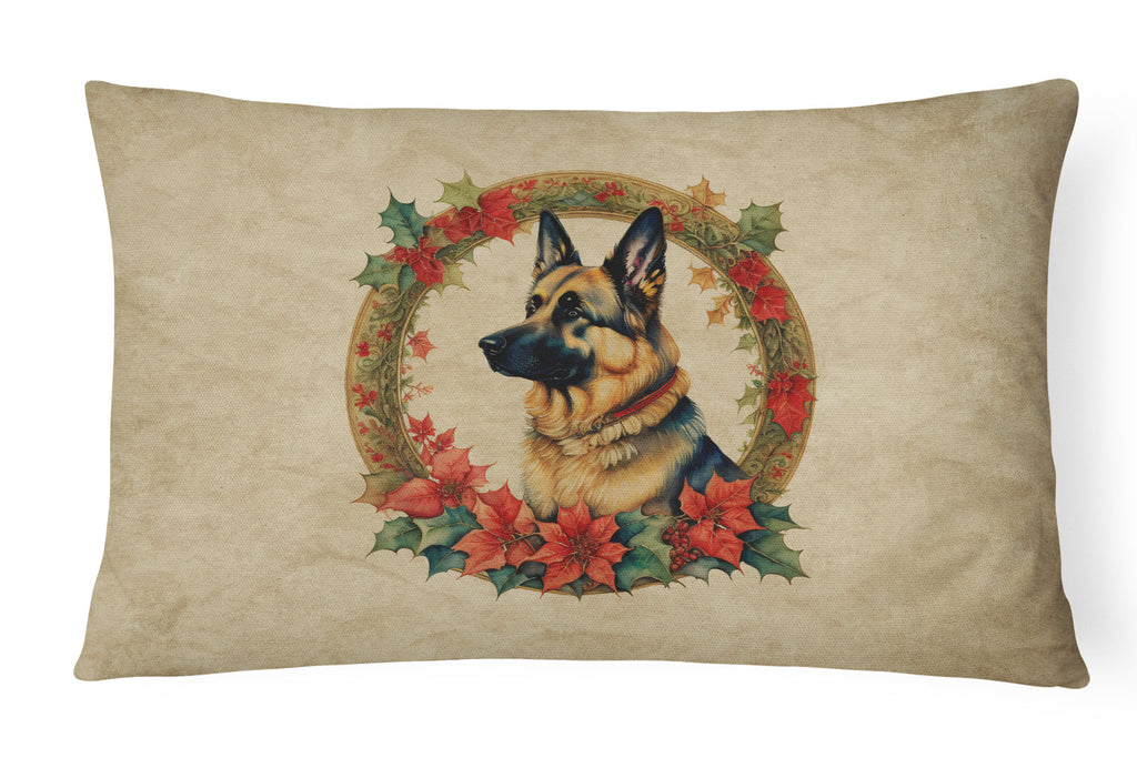 German Shepherd Christmas Flowers Decorative Throw Pillow 12x16 Indoor Outdoor Accent Cushion, Fabric Cover with Insert for Sofa, Bed, Porch & Living Room