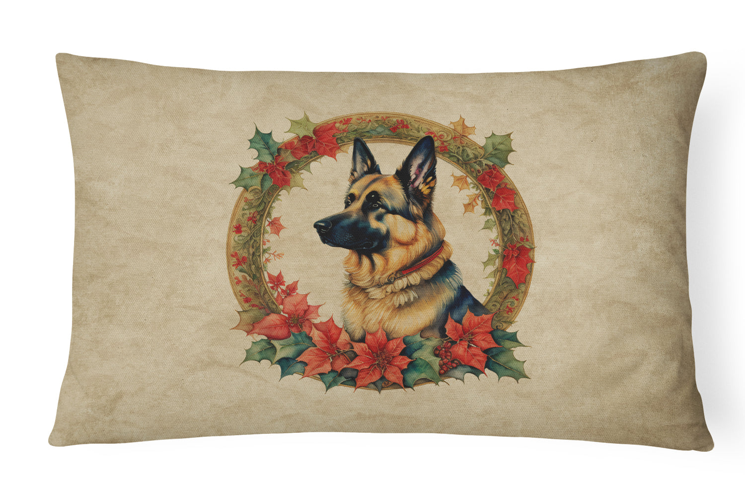 German Shepherd Christmas Flowers Decorative Throw Pillow 12x16 Indoor Outdoor Accent Cushion, Fabric Cover with Insert for Sofa, Bed, Porch & Living Room