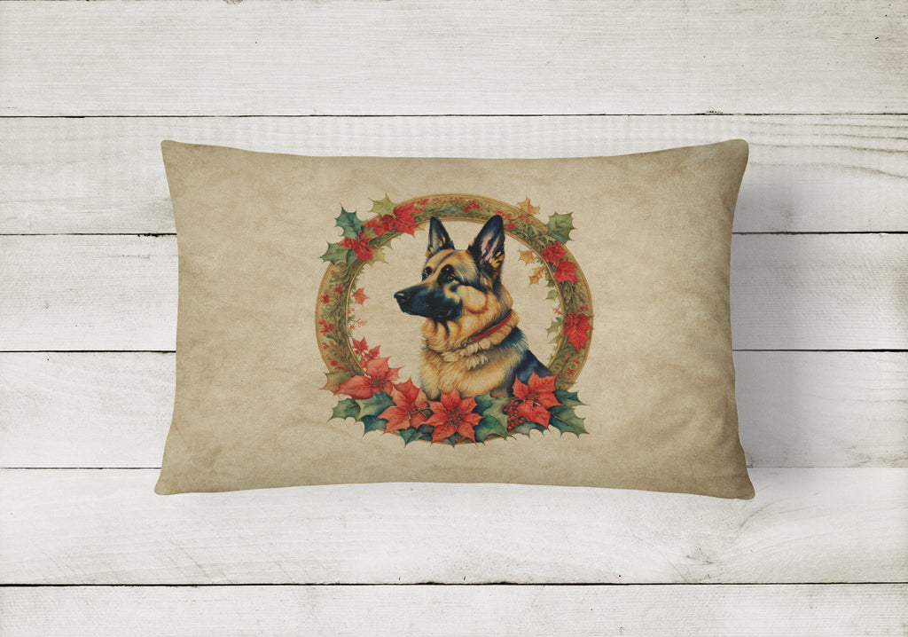 German Shepherd Christmas Flowers Decorative Throw Pillow 12x16 Indoor Outdoor Accent Cushion, Fabric Cover with Insert for Sofa, Bed, Porch & Living Room