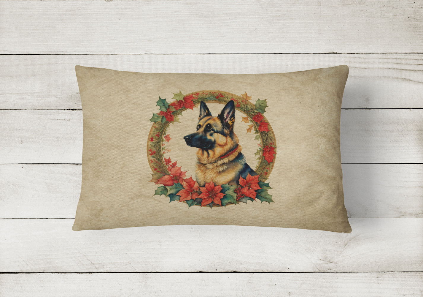 German Shepherd Christmas Flowers Decorative Throw Pillow 12x16 Indoor Outdoor Accent Cushion, Fabric Cover with Insert for Sofa, Bed, Porch & Living Room