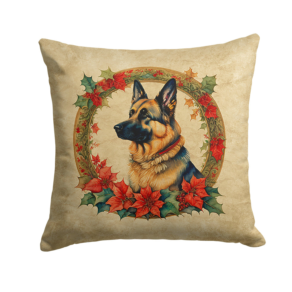 German Shepherd Christmas Flowers Decorative Throw Pillow 14x14 Indoor Outdoor Accent Cushion, Fabric Cover with Insert for Sofa, Bed, Porch & Living Room