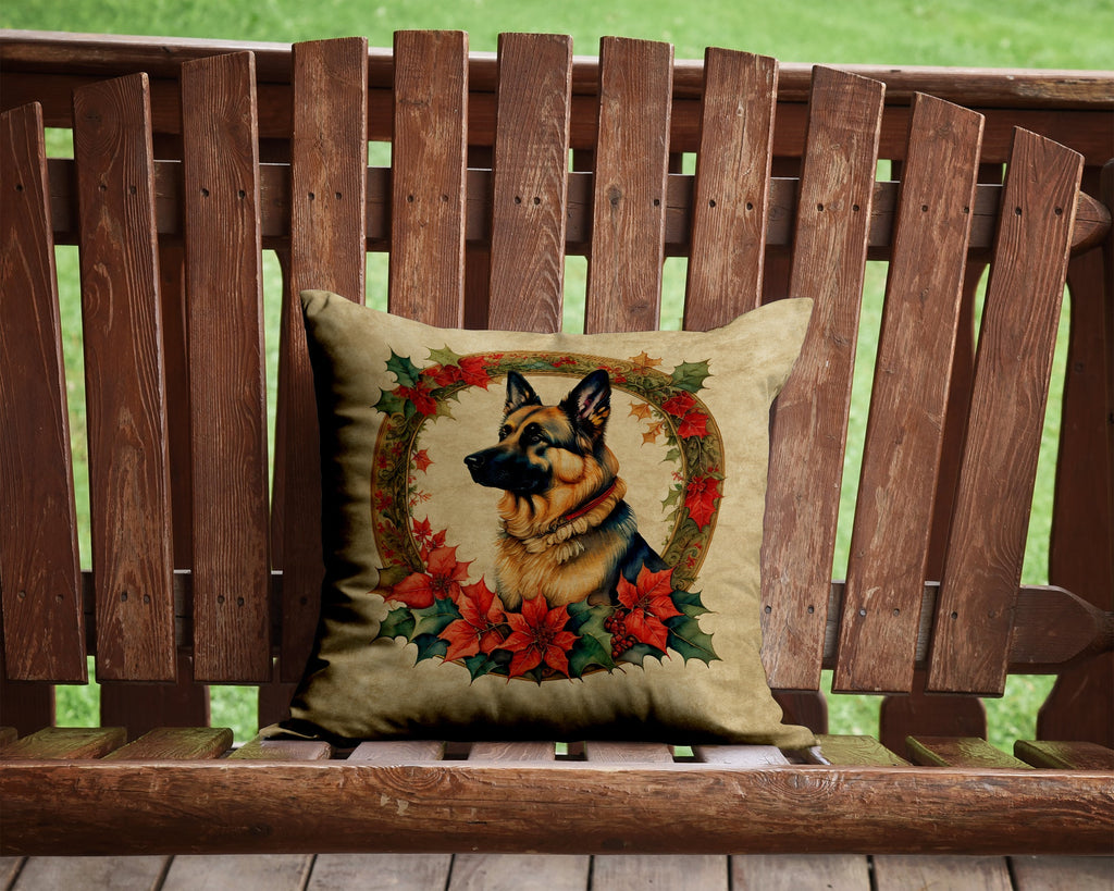 German Shepherd Christmas Flowers Decorative Throw Pillow 14x14 Indoor Outdoor Accent Cushion, Fabric Cover with Insert for Sofa, Bed, Porch & Living Room